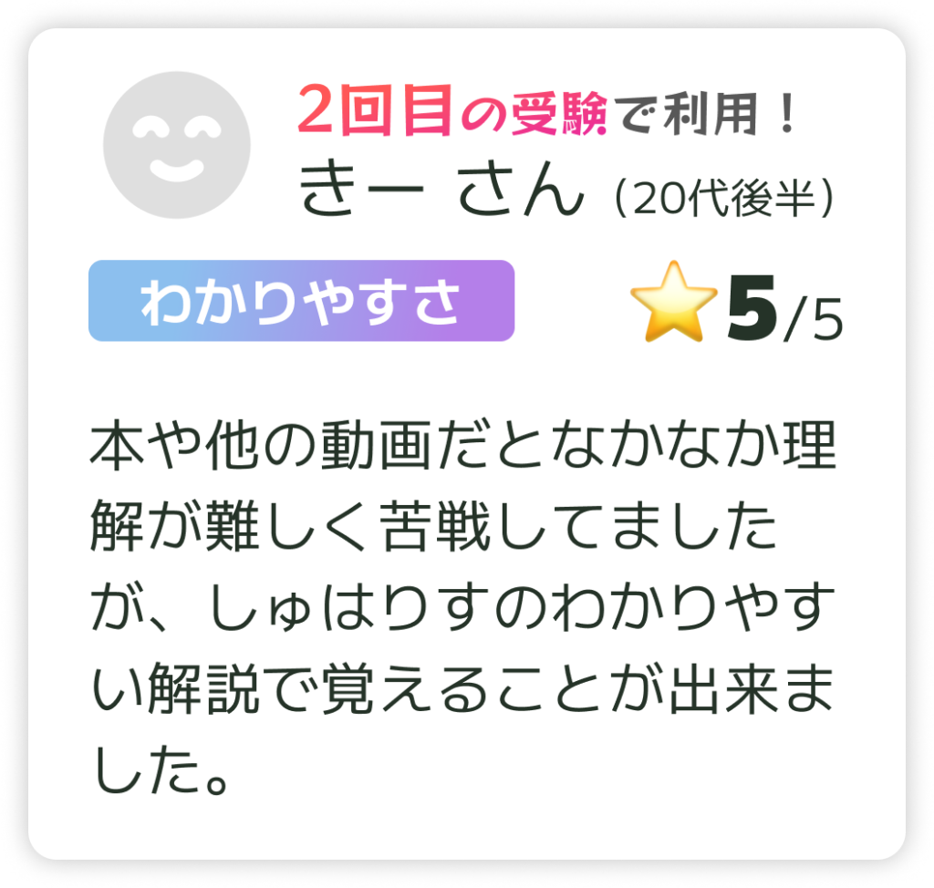 本や他の動画だとなかなか理解が難しく苦戦してましたが、しゅはりすのわかりやすい解説で覚えることが出来ました。