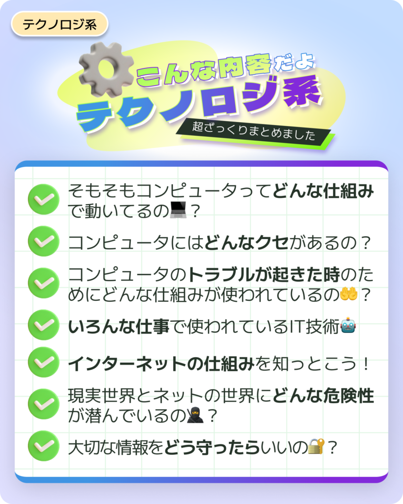 こんな内容だよ「テクノロジ系」
超ざっくりまとめてみました！